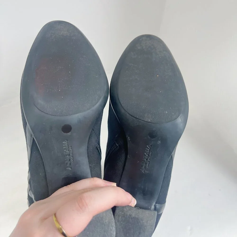 Aquatalia Italian Black Suede Heeled Booties Leather Piping Ankle Boots Size 9